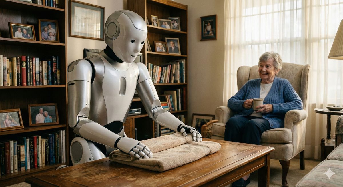 Humanoid robot folding towels while a senior woman watches from her couch
